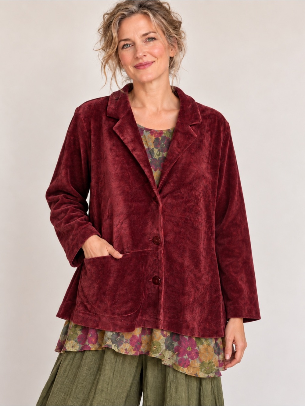 Gudrun Sjoden Burgundy Velour Velvet Organic Cotton Jacket Cardigan Size L